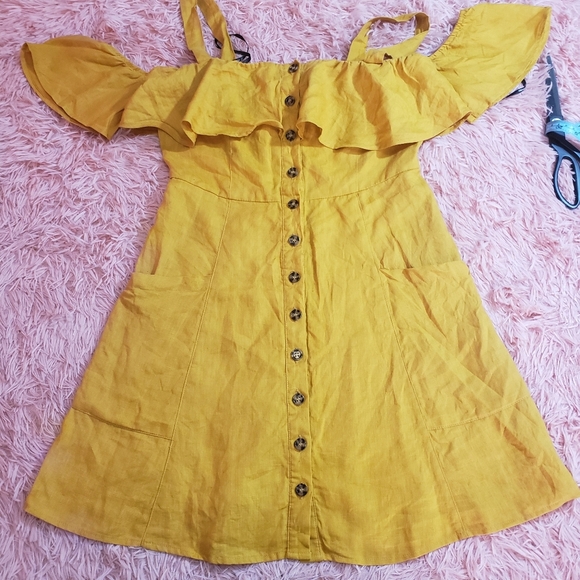 Forever 21 yellow mustard cold shoulder dress S - Picture 5 of 8
